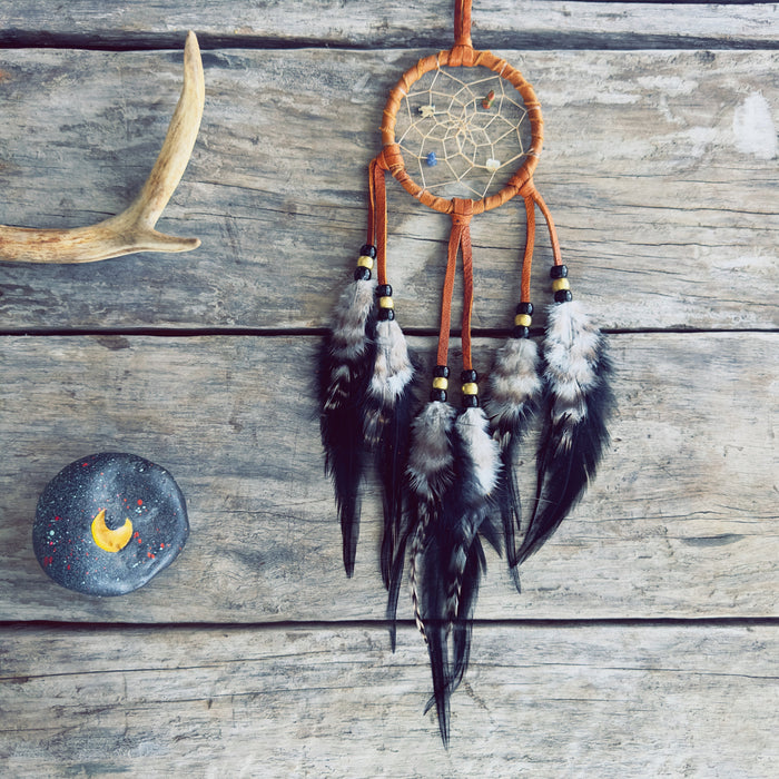 Indigenous Dreamcatcher, Night Guardian, Handmade Moose Leather
