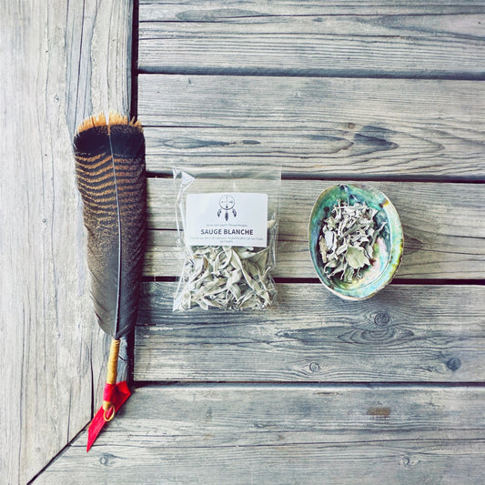 sauge blanche 20 g avec plume de rituel et coquille d’ormeau sur table de bois. white sage 20 g with ritual feather and abalone shell on wooden surface.