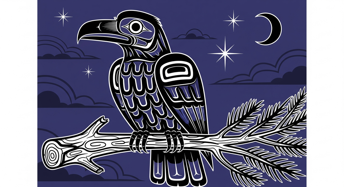 Illustration autochtone du Corbeau (trickster) aux motifs noirs, indigo et blancs, assis sur une branche de cèdre stylisée, symbolisant la ruse et le don du soleil et du cèdre aux humains.