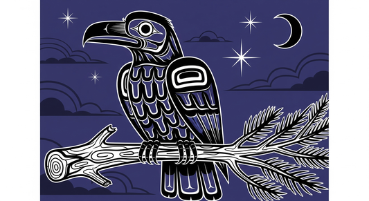 Illustration autochtone du Corbeau (trickster) aux motifs noirs, indigo et blancs, assis sur une branche de cèdre stylisée, symbolisant la ruse et le don du soleil et du cèdre aux humains.