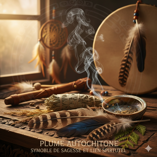 rituel autochtone avec plume, tambour et sauge, symbolisant la sagesse et le lien spirituel