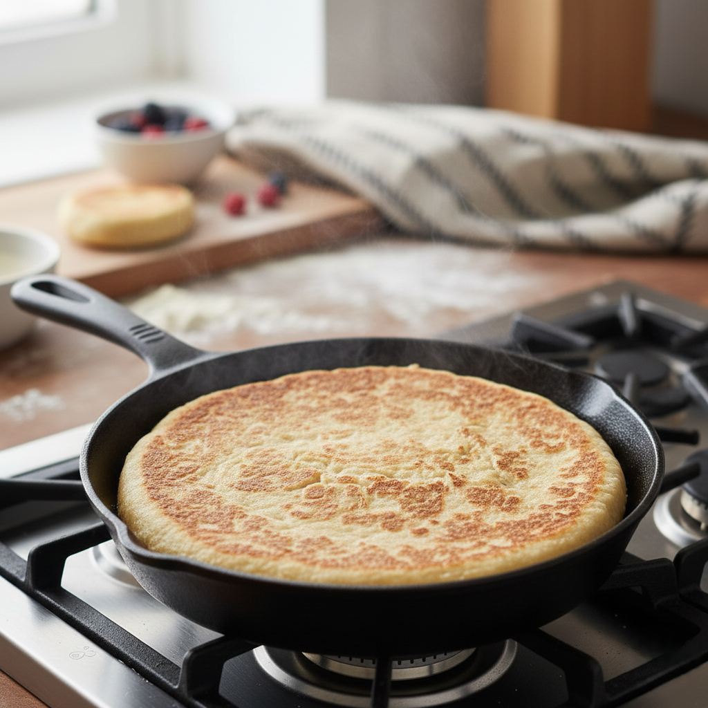 Alt FR : bannique autochtone cuite à la poêle  Alt EN : Indigenous bannock cooked in frying pan