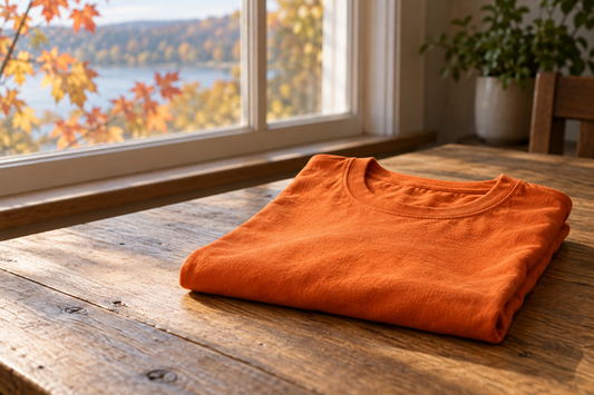 Chandail orange plié sur une table en bois près d’une fenêtre donnant sur un paysage d’automne.