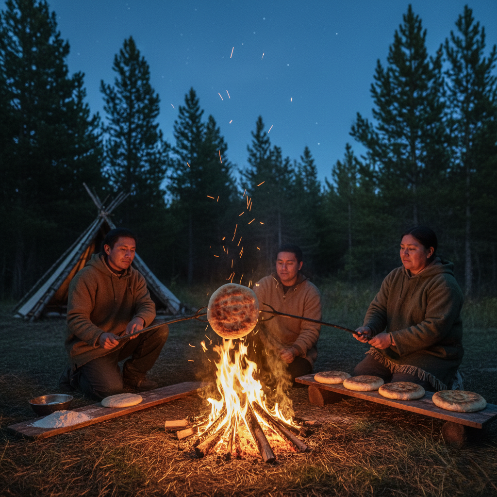 Alt FR : bannique autochtone cuite au feu de camp  Alt EN : Indigenous bannock cooking over campfire