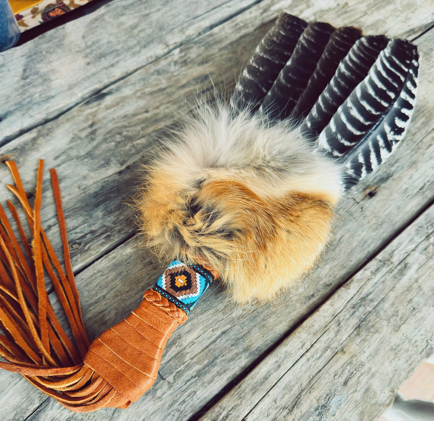 Large ceremonial smudgefan with natural fur – unique piece
