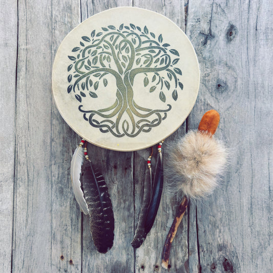 14-inch Native hand drum - deer hide – Tree of life and deep connection