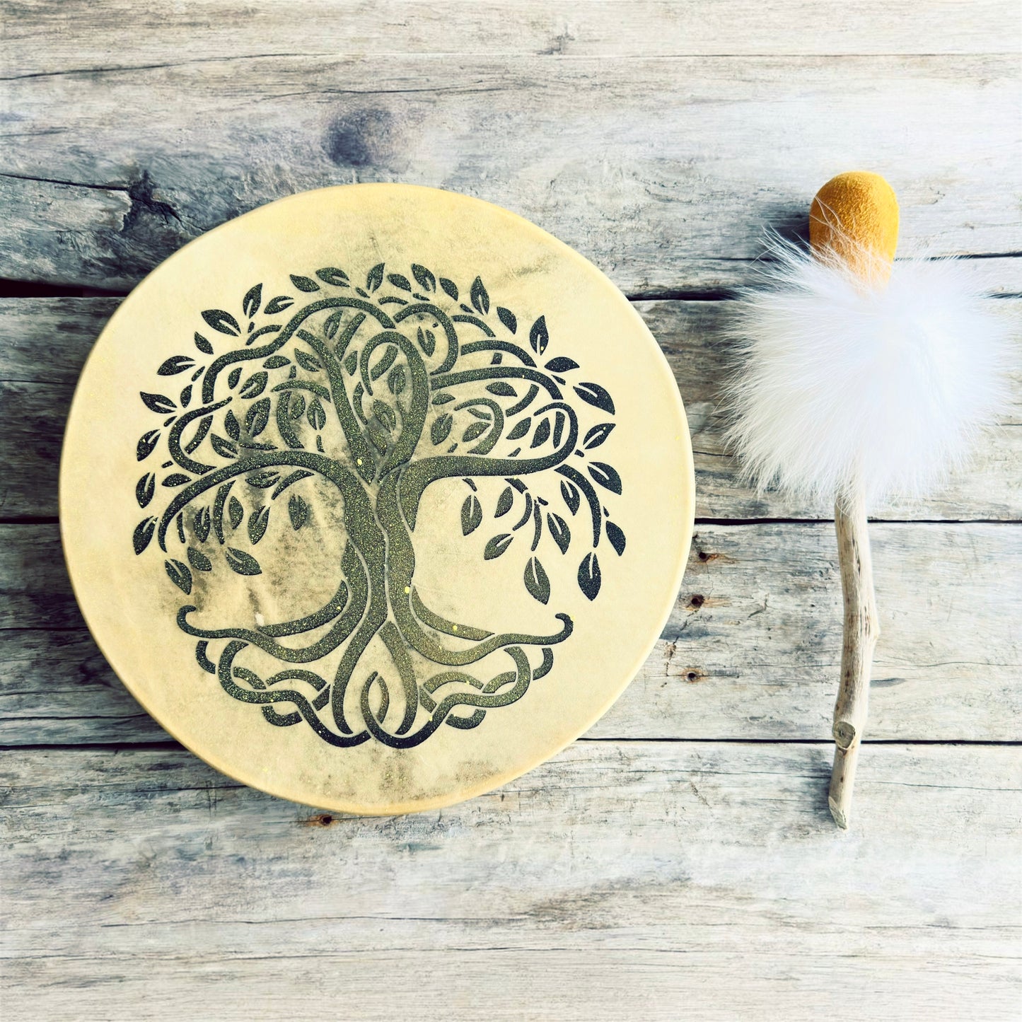 Tambour à main autochtone 14 pouces en peau de cerf – arbre de vie et connexion profonde