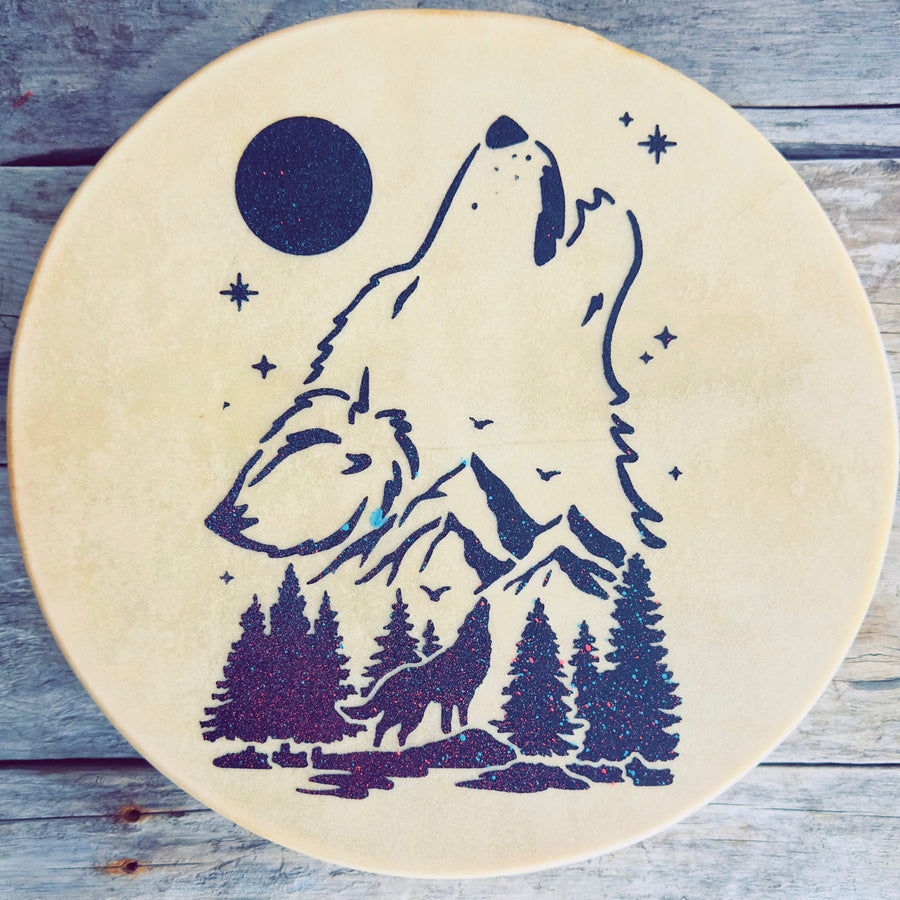 Tambour chamanique avec loup hurlant