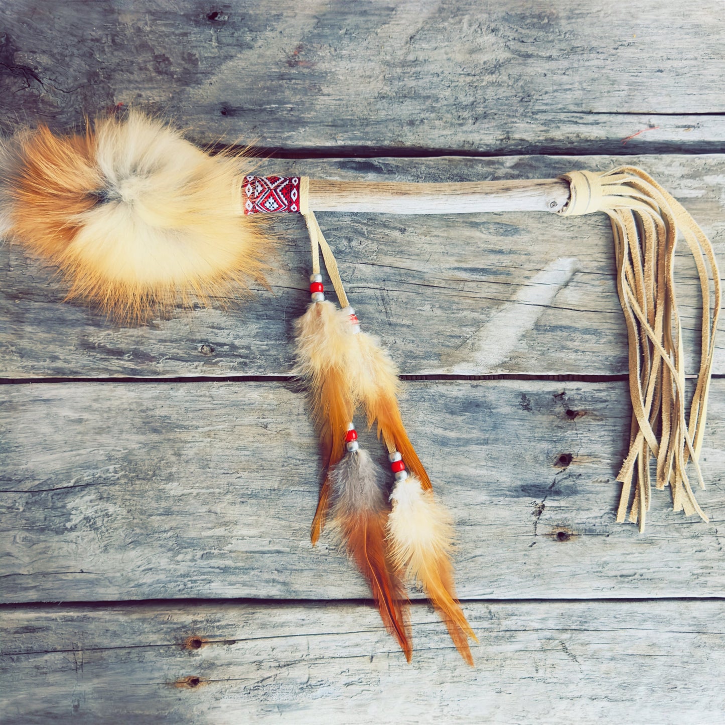 talking stick beige leather fox fur red Navajo pattern