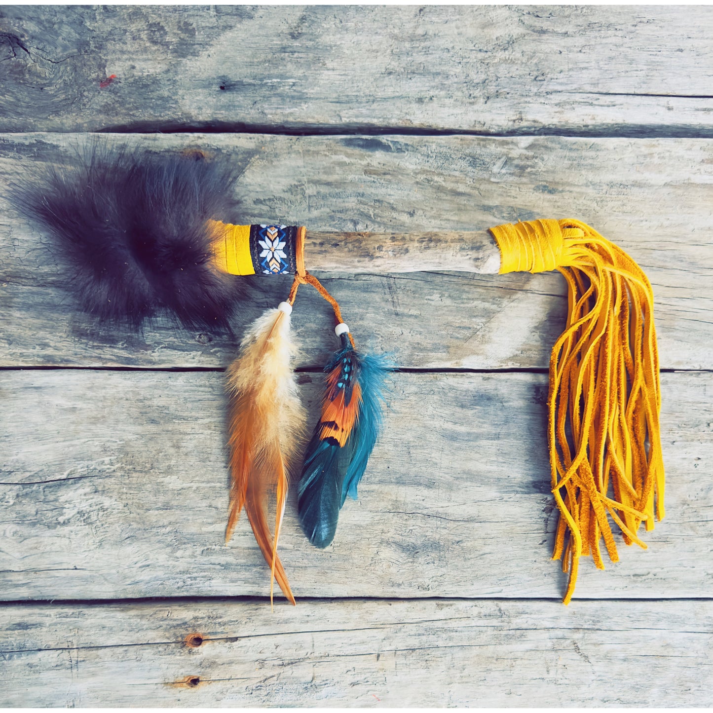 Talking stick with turquoise feathers and natural materials, Indigenous handcrafted