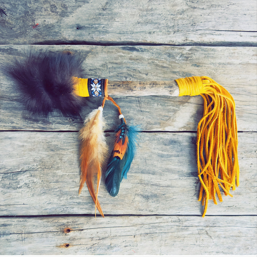 Talking stick with turquoise feathers and natural materials, Indigenous handcrafted