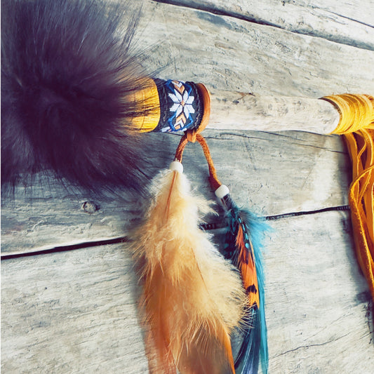 Talking stick with natural cream feathers and leather wrapping, Indigenous handmade
