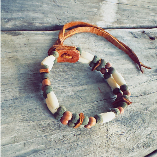 Three-row bone bracelet, Wolf medicine style, Indigenous handmade craft