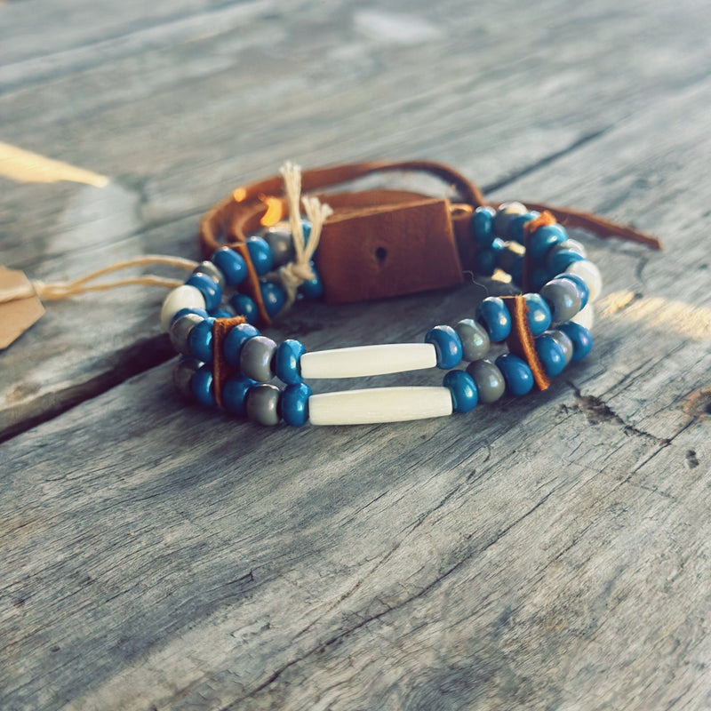 Indigenous Ancestor Spirit bracelet made of moose leather and bone beads, handmade by an Innu artisan