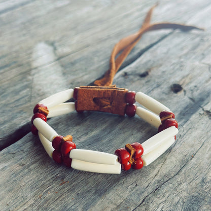 Handmade bone and red gray glass bead bracelet with genuine moose leather, ancestral Indigenous jewelry