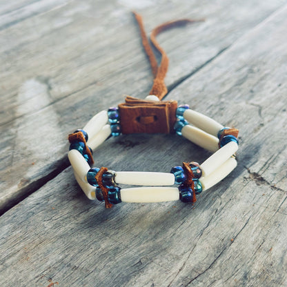 Handmade bone and iridescent blue glass bead bracelet with genuine moose leather, spiritual Indigenous bracelet
