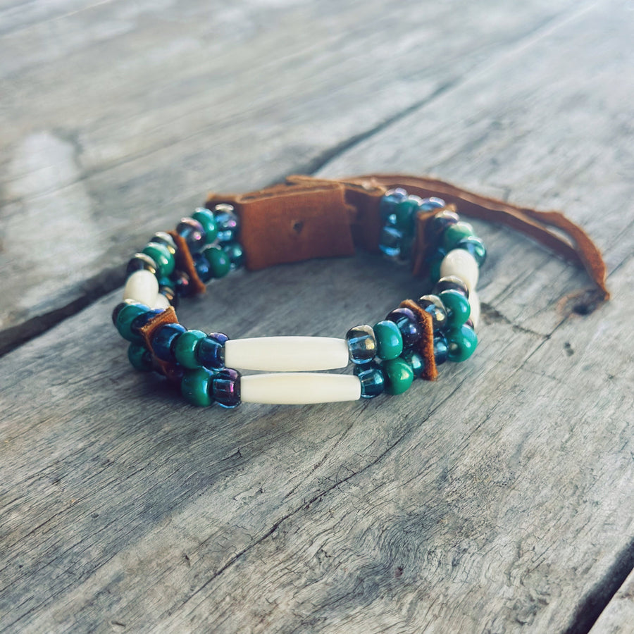 Handmade bone and blue green glass bead bracelet with genuine moose leather, woodland inspired Indigenous bracelet