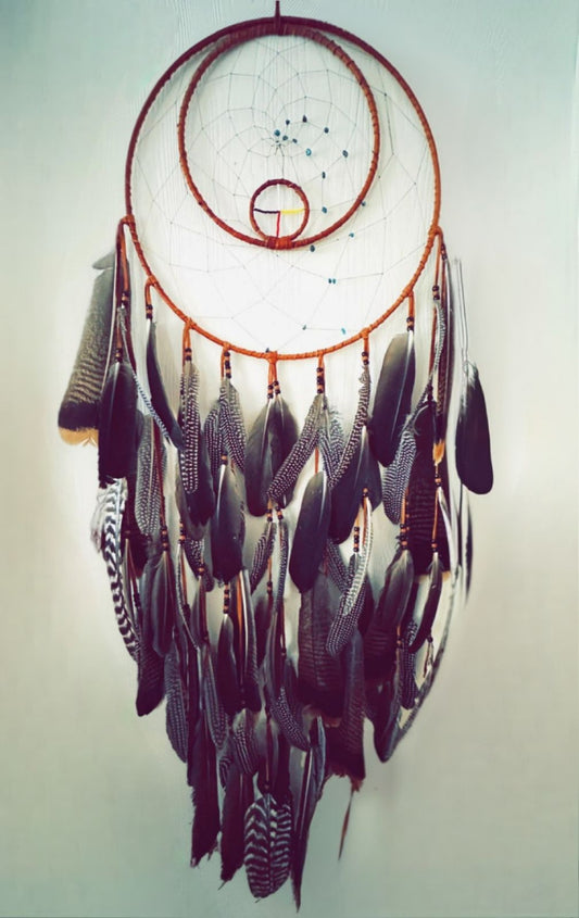 Capteur de rêves double avec roue de médecine et plumes uniques - 16 pouces - Artisanat Autochtone 