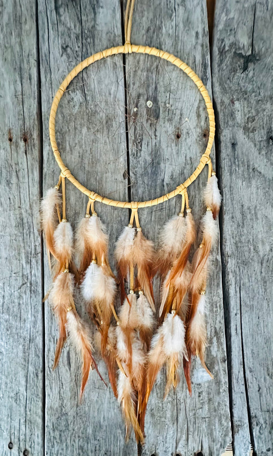 Brown Moose Leather and Natural Rooster Feathers Dream Catcher - 10 inches