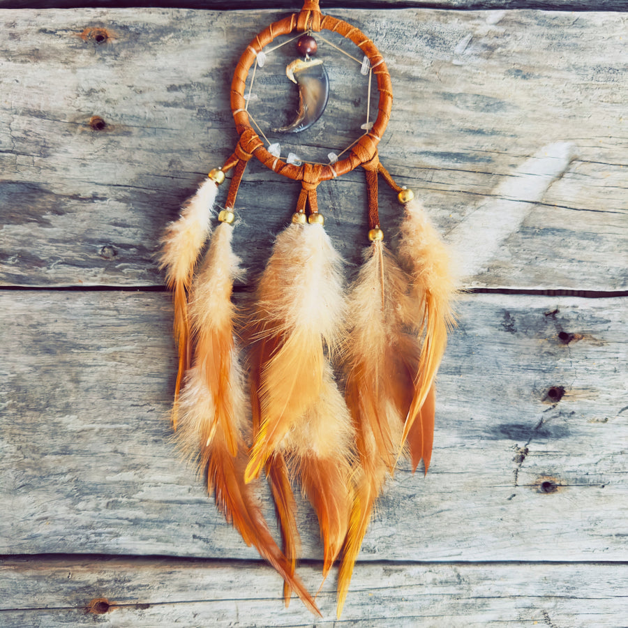 Dreamcatcher with genuine bear claw, handcrafted Indigenous-style orange feathers