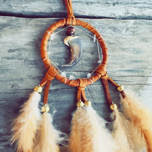 Dreamcatcher with authentic bear claw, brown feathers, Indigenous handmade art