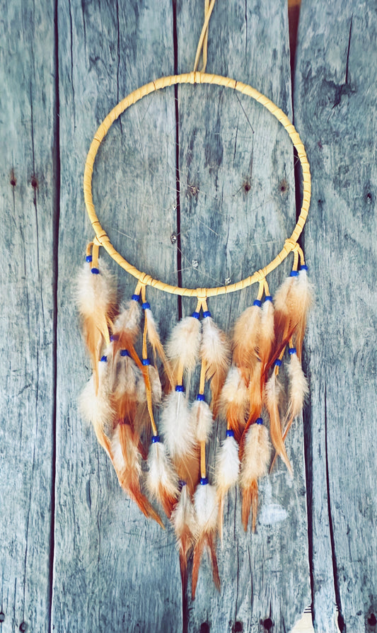 Brown Moose Leather and Natural Rooster Feathers Dream Catcher - 10 inches