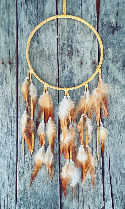 Brown Moose Leather and Natural Rooster Feathers Dream Catcher - 10 inches