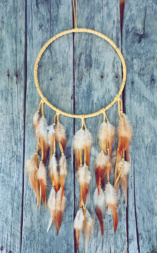 Brown Moose Leather and Natural Rooster Feathers Dream Catcher - 10 inches
