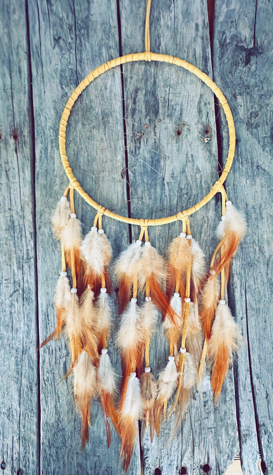 Brown Moose Leather and Natural Rooster Feathers Dream Catcher - 10 inches