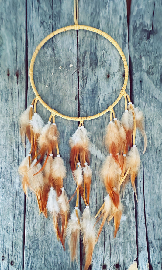 Brown Moose Leather and Natural Rooster Feathers Dream Catcher - 10 inches