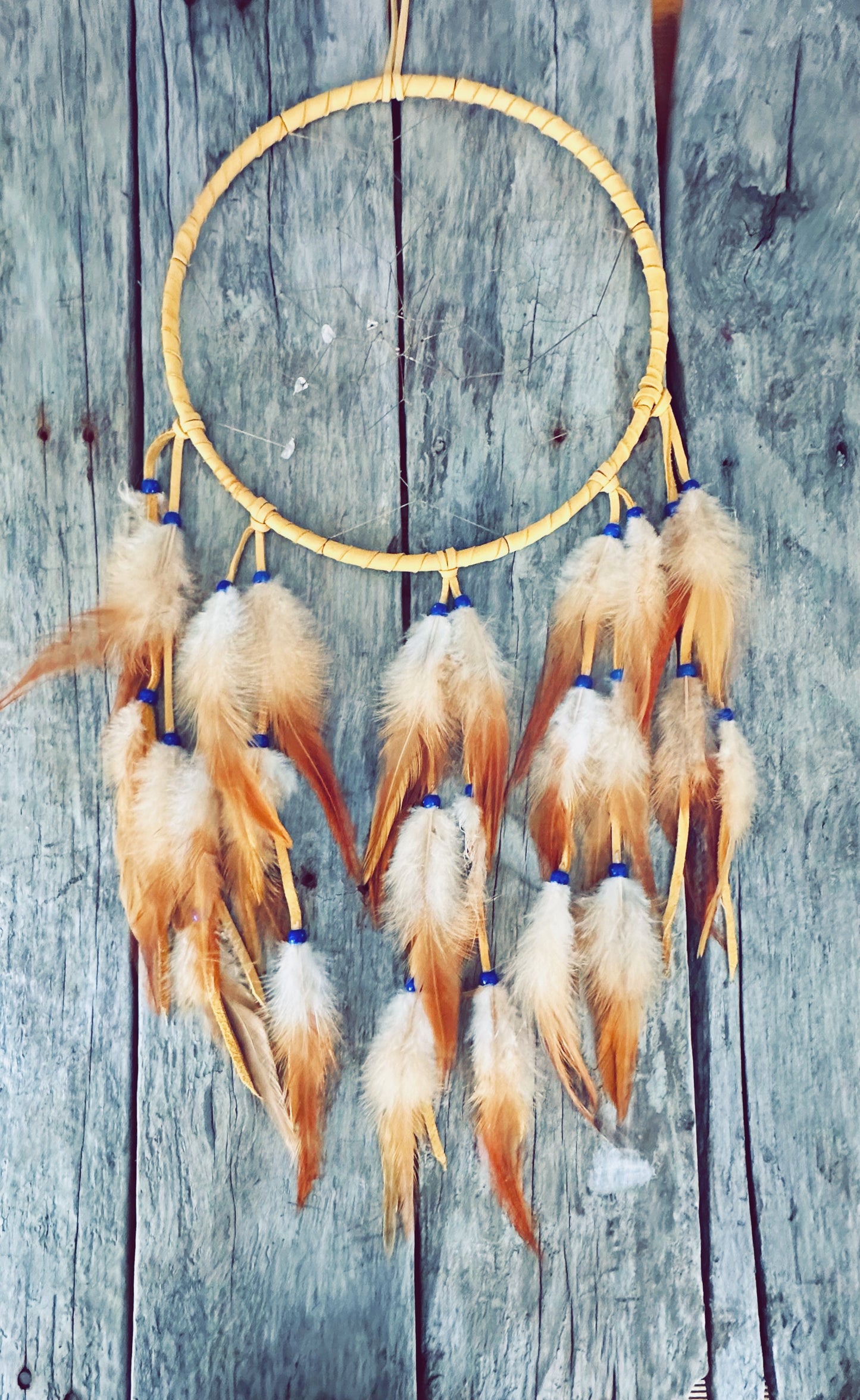 Brown Moose Leather and Natural Rooster Feathers Dream Catcher - 10 inches