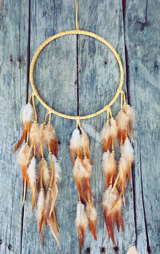 Brown Moose Leather and Natural Rooster Feathers Dream Catcher - 10 inches