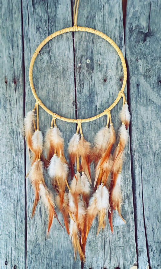 Brown Moose Leather and Natural Rooster Feathers Dream Catcher - 10 inches