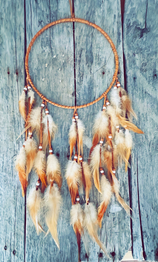Brown Moose Leather and Natural Rooster Feathers Dream Catcher - 10 inches