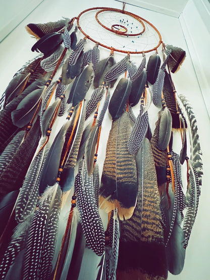 Capteur de rêves double avec roue de médecine et plumes uniques - 16 pouces - Artisanat Autochtone 