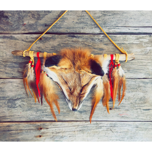 Œuvre murale autochtone avec véritable tête de renard et plumes naturelles, création artisanale.
