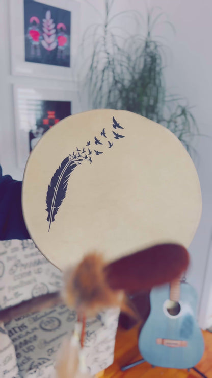 14-inch Native drum, deerskin, handmade feather, inspired