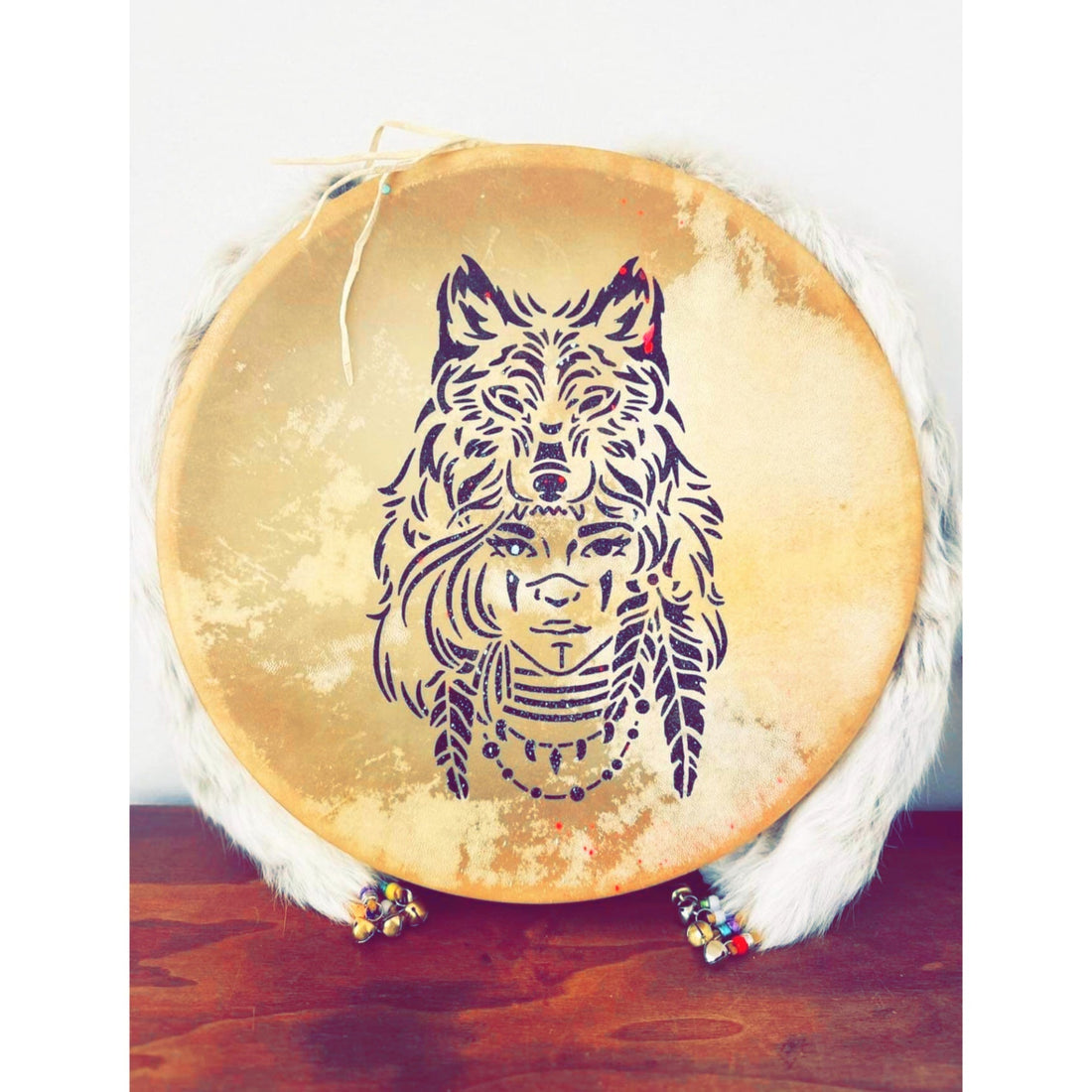 14-inch ceremonial drum made of deer hide, unique handmade piece