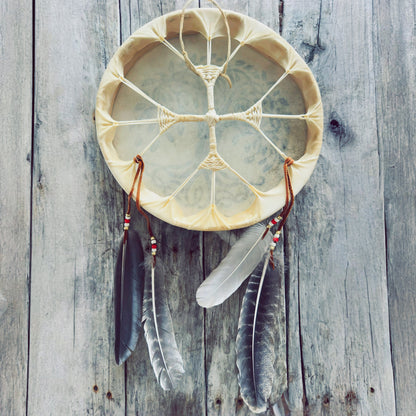 Vue arrière d’un tambour autochtone artisanal Arbre de vie
