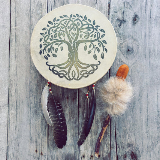 Tambour autochtone artisanal Arbre de vie en vue complète